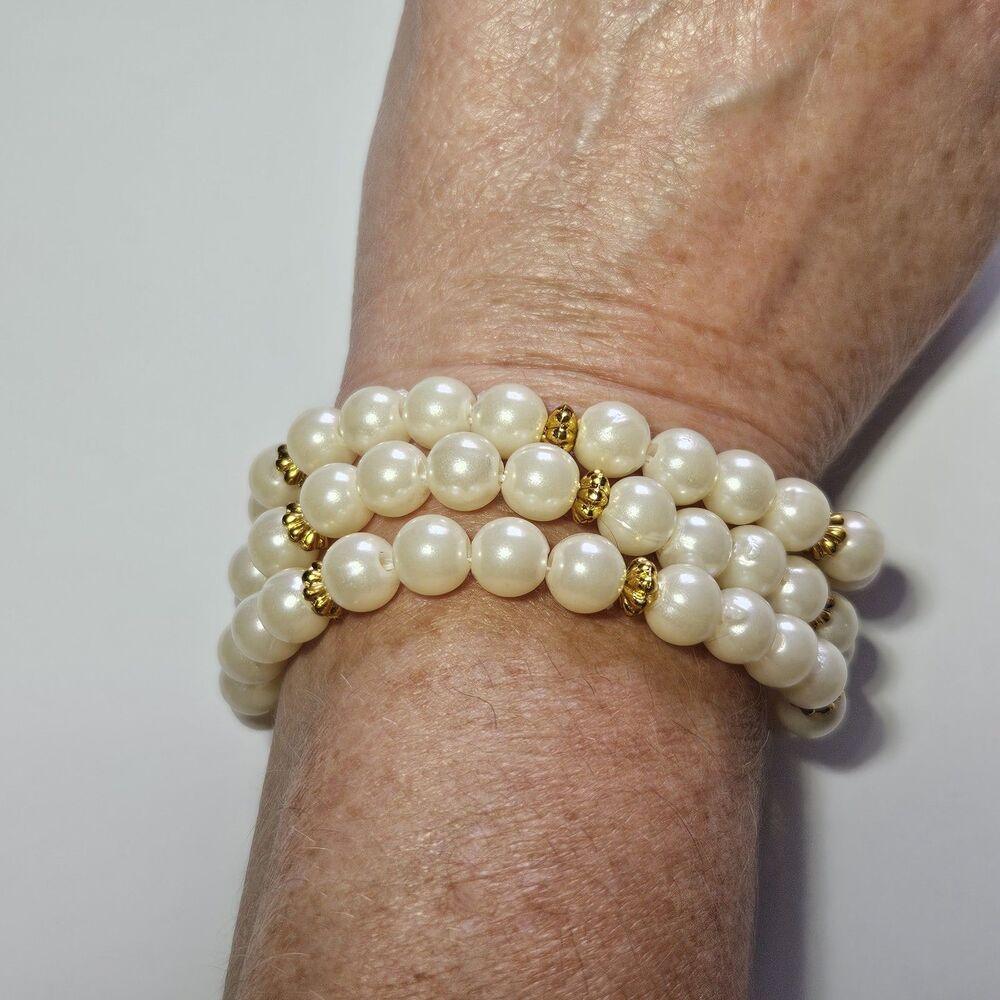 Vintage 3 Tier Gold Tone and Cream Faux Pearls 7" Bracelet